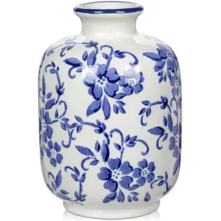 Arborus Blau und Weiß Porzellan Vase 18,5 cm Keramik Vase Rustikale Blumenvase Blaugraues Porzellan für Blumen Pampasgras Rosen Hortensie Lavendel Landhausstil Skandinavische Deko im Zimmer Hotel