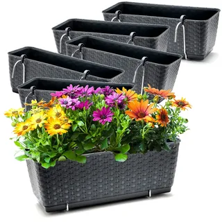 BigDean 6 Balkonkästen mit Metall Halterung 39 cm lang & Bewässerungssystem | Blumenkästen für Balkon Geländer Farbe Anthrazit in Rattan-Optik 39 x 15,5 x 14 cm