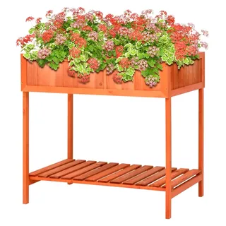 Kräuterhochbeet aus massivem Tannenholz 80x60x80 cm mit Pflanzfächern und Ablage für Terrasse, Balkon und Garten