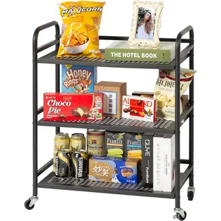 HDANI Servierwagen,3 Ebenen Rollwagen Metall,Schwarz,60x30x75cm Gitternetz | Küchenwagen 4 lenkbare Rollen(2X bremsbar),Mehrzweckwagen für kleine Räume,Küche,Esszimmer,Bar,Bäder,10kg pro Ebene