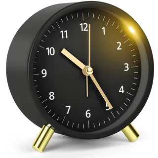 HOTUT Wecker Analoger,Ohne Ticken Wecker mit Licht,Batteriebetrieben,Lautlos Metall Nachttischuhr,Nachttisch Tischuhr,für Büro, Schlafzimmer, Erwachsene, Kinder, Einschulung Geschenk (Schwarz)