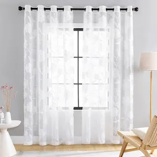 Treatmentex Spitze Vorhang Jacquard Gardinen mit Ösen Schwarze 3D Blumenmuster Halbtransparente Vorhänge Vintage Romantisch Dekoschal Ösenvorhänge für Wohnzimmer, Weiß, 2 Stücke, 140×145CM(B×H)