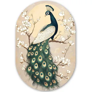 MuchoWow Wandbild Pfau - Zweig - Blumen 60x90 cm , Champagner , Kunststoff , Oval , 60x90 cm , einfache und schnelle Anbringung , Bilder & Rahmen, Bilderrahmen, Bilderrahmen & Fotorahmen