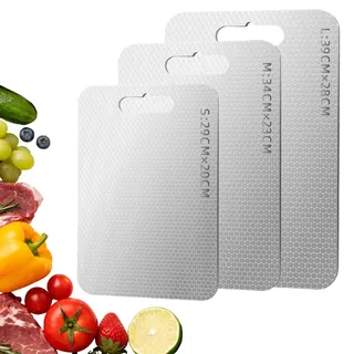 3 PCS Titan Schneidebrett Spülmaschinenfest, Multifunktional Edelstahl Schneidebrett, Beidseitige Titanium Cutting Board, Lebensmittelecht, Antibakteriell & BPA Frei