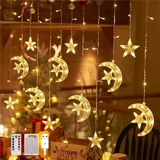 Arespark Sterne Mond Lichterkette, 120 LED Weihnachtsbeleuchtung, 3.5m 8 Modi Lichtervorhang USB/Batterie mit Fernbedienung für Hochzeit Party Fenster Balkon, Weihnachtsdeko