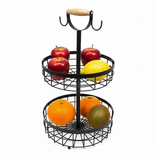 Relaxdays Obstkorb Etagere 2-stöckig, Obstschale für die Küche, moderner Metallkorb für Obst und Gemüse, Metall, schwarz