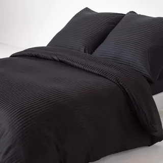 Homescapes 3-teiliges Damast-Bettwäsche-Set schwarz, ägyptische Baumwolle mit Satin-Streifen, 1 Bettbezug 240x220 cm & 2 Kissenbezüge 80x80 cm