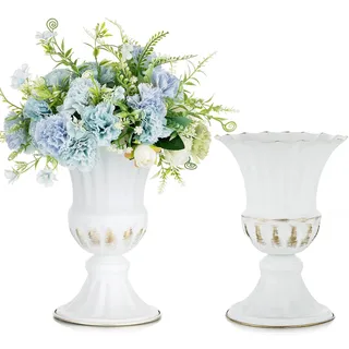 Sziqiqi 2 Stück Weiß Hochzeit Vase - Klein Metall Blumenvase Deko Shabby Chic Urne Pflanzer Blumenarrangements Tischvase für Wohnzimmer Küche Büro Küche und Tisch, 23cm