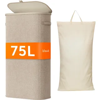 Lifewit Schmal Wäschekorb mit Deckel, 75L Wäschesammler mit Kunststoffrahmen, faltbarer großer Wäschesortierer, Wäschekörbe für Schlafzimmer, Bad, Beige