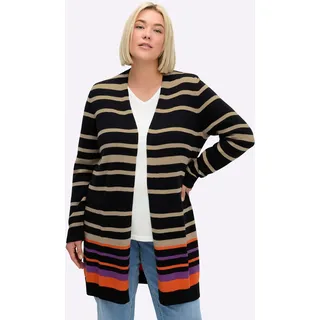 Longstrickjacke SHEEGO, Damen, Gr. 52/54, schwarz, beige, gestreift, 50% Baumwolle, 50% Polyacryl, gemustert, gestreift, mehrfarbig, Strickjacken Longstrickjacke