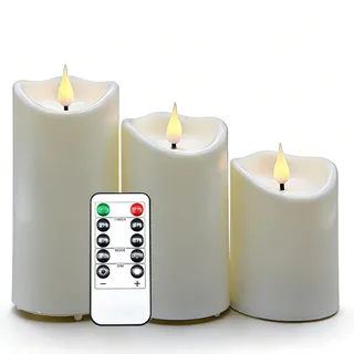 Da by Outdoor-LED-Kerzen mit 10-Tasten-Fernbedienung, batteriebetrieben, Kerzen in den Größen 10 cm, 12,5 cm und 15 cm, 3er-Set, aus hitzebeständigem Kunststoff.