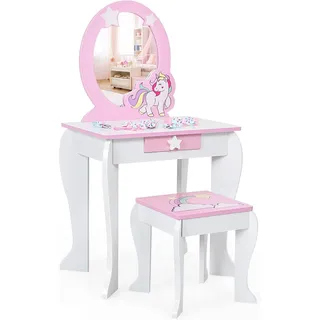 FANTASK Kinderschminktisch mit Schublade und abnehmbarem Spiegel, Prinzessinnenschminktisch mit Hocker, rosa und weißer Schminktisch für Mädchen von 3-7 Jahren