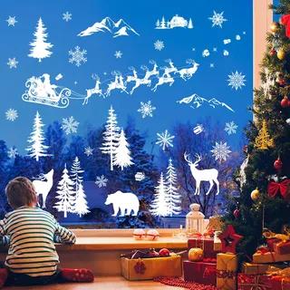 decalmile Weihnachten Fensteraufkleber Weihnachtsmann und Rentiere Weihnachts Fensterdeko Fensterfolie Weihnachten Fensterbilder Schneeflocken Fenster Statische Aufkleber Glas Weihnachtsdeko