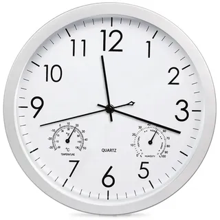 BORDEAG Gartenuhr Wetterfest, Wanduhr Ohne Tickgeräusche mit Temperatur und Luftfeuchtigkeit, Wanduhren 30CM, Küchenuhr, Große Wanduhr Modern für Wohnzimmer Küche Zuhause Schlafzimmer Büro(Weiss)