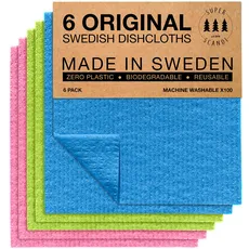 SUPERSCANDI Schweden-Geschirrtücher, umweltfreundlich, wiederverwendbar, nachhaltig, biologisch abbaubar, Zellstoff-Schwamm, Ersatz-Reinigungstücher 6 Stück
