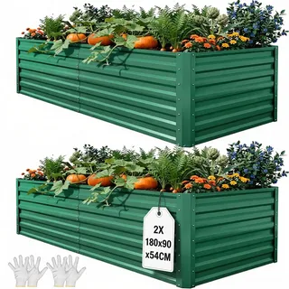 YITAHOME 2er-Set Hochbeet Metall 180x90x60cm, Hochbeete-Kit aus Verdicktem Zink-Aluminium-Magnesium-Edelstahl-Metall Hochbeete für Garten mit Stützstange & Handschuhe für Gemüse, Blumen (Grün)