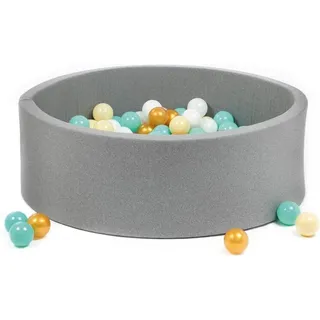 LUDI — Runder Ballpool aus Schaumstoff — Ø 90 cm x H 30 cm — für Babys ab 6 Monaten — 100 Bälle — weicher und waschbarer Stoff — graue Farbe — fördert motorische Fähigkeiten und Koordination