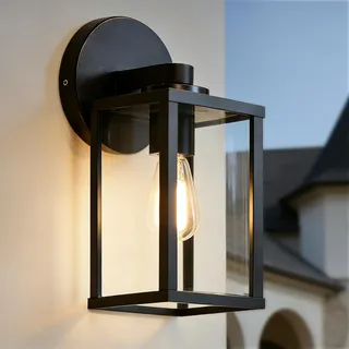 EBION 1 Stück Wandleuchte aussen E27, Wandlampe aus Aluminium + Glas, Modern Terrassenbeleuchtung, Außen Wandleuchte, IP44 Wasserdicht, Schwarz (ohne Leuchtmittel)