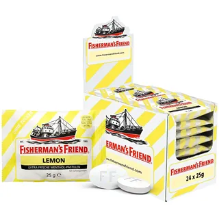 Fishermans-Friend Fisherman's Friend Lemon, ohne Zucker 25 g, 24er Vorratsbox, Zitrone und Menthol Geschmack, zuckerfrei & vegan, Bonbons für frischen Atem, 24 x 25g