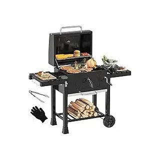XXL Grillwagen Smoker Holzkohlegrill mit Gusseisenrost & Emaille-Pfanne - Mobiler BBQ Grill für Garten, Camping, Outdoor - Inkl. Thermometer, Küchenzange, Grillhandschuh, Robustes Design