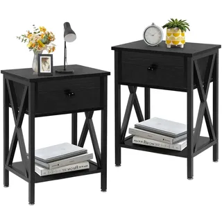 VECELO Nachttisch mit Schublade und offenem Fach, Höhe 55 cm, Fuß aus Metall, für Wohnzimmer, Schlafzimmer, Sofa, Schwarz, 2 Stück