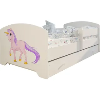Kinderbett 80x160 cm mit Matratze und Schublade, Rausfallschutz & Lattenrost in weiß mit Einhorn Motiv Komplettbett Jugendbett Einzelbett Holz - Weiß