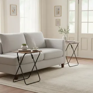 FurnitureR 2er Set Klappbare Beistelltische, 38x45x67cm, Moderner Couchtisch mit Metallrahmen und Holzplatte, Platzsparend für Wohnzimmer & Flur