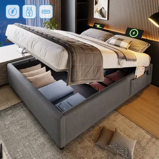 MODFU Polsterbett Hydraulisches 160×200 cm mit USB- C und Vollflächiger Lattenrost, hydraulisches Stauraumbett mit Bettkasten Stauraum,Grau(Ohne Kopfteil,Ohne Matratze) - Grau