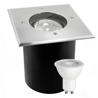 JNR Edelstahl Bodeneinbaustrahler Aussen Schwenkbar IP67 230V, Wasserdicht Bodenleuchten Außen mit LED GU10 5W 3000K Warmweiß Glühbirne, Quadratisch Bodenstrahler Befahrbar für Garten,Wegen,Silber