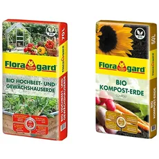 Floragard Bio Hochbeet- und Gewächshauserde, 70 liters, Braun & Bio Kompost-Erde 50 Liter – Pflanzerde für Blumen, Gemüse und Gehölze – mit Bio-Dünger - Gartenerde