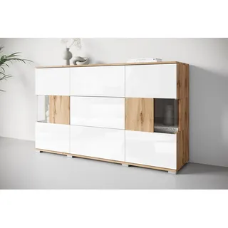 Sideboard OTTO HOME "Kenia", weiß (eichefarbe votan, weiß hochglanz), B:150cm H:89cm T:39,5cm, FSC-zertifizierter Holzwerkstoff, Glas, Hartfaserplatte, Kunststoff, Sideboards, Sideboard, Sideboard mit 3 Schubladen, 6 Fächern, Glastüren, Breite 150 cm