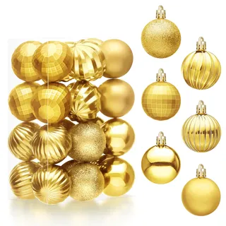 JOIEDOMI 24 Stück goldene Mini-Weihnachtskugeln, 4,1 cm, bruchsichere Weihnachtsbaumschmuck, Weihnachtskugeln, hängende Dekorationen für Weihnachtsbaum, Kranz, Girlande, Urlaub, Hochzeit, Innenparty,