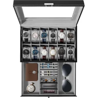 Uten Uhrenbox für 12 Uhren mit Schublade Schwarz
