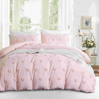 Freyamy Boho Bettwäsche 135x200cm Rosa Getuftet Herz Bettwäsche-Sets Stickerei Shabby Chic Bettwaren-Sets Microfaser Mädchen Deckenbezug 1 Bettbezug mit Reißverschluss und Kissenbezug 80x80cm