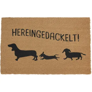 Relaxdays Fußmatte Kokos 80x50, Türvorleger 3 Dackel, rutschfest, wetterfest, Fußabstreifer innen , außen, Natur/schwarz