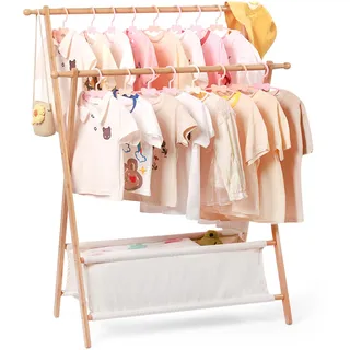 Relquorax Bambus Kinder Kleiderständer mit dualen Kleiderstange, Kinder Dress-up-Ständer, kleiner Garderobenständer, mit Aufbewahrung, für Kostüme und Accessoires im Kinderzimmer (Naturfarbe)