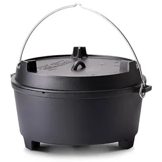Grillfürst Dutch Oven ca. 28 Liter - stabil stehender Feuertopf durch speziell entwickelte T-Füße, hitzebeständiger Gusseisen Topf, Deckel als Pfanne nutzbar, DO 28
