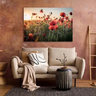 Queence XXL-Wandbild "Akustikbild Mohn Mohnfeld bei Sonnenaufgang", rot weiß, neutral), B:90cm H:60cm T:2,5cm, Polyester, Bilder, XXL-Wandbild