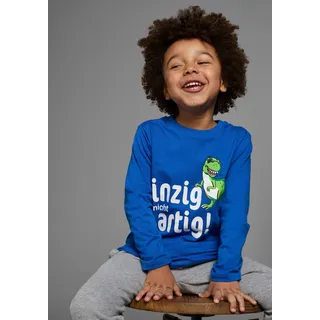 Langarmshirt KIDSWORLD "EINZIG NICHT ARTG", Jungen, Gr. 116/122, blau (royalblau), Jersey, Obermaterial: 100% Baumwolle, bedruckt, Basic, Rundhals, Shirts Langarmshirt, Langarm, Basic-Passform, bedruckt, Rundhalsausschnitt