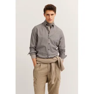 Langarmhemd BUGATTI "Easy Care", Herren, Gr. L, Normalgrößen, grau (90, braun), 100% Baumwolle, kariert, normal, eckige 2-Knopf-Manschette, Hemden Langarmhemd, kariert mit Button-Down-Kragen
