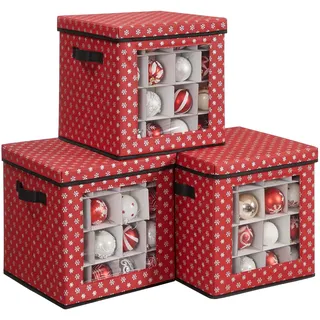 SONGMICS Aufbewahrungsboxen für Weihnachtskugeln, 3er Set, Faltboxen, für Weihnachtsdeko, 64 kleine Fächer je Box, Flexible Trennwände, 30,5 x 30,5 x 30,5 cm, rot RFB029R01