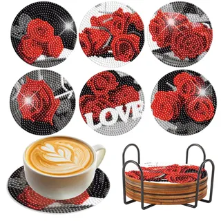 SHEGZHUC Diamond Painting Untersetzer Rosen 6 STK Blumenmotiv Diamond Painting Glasuntersetzer Tischuntersetzer Diamant Malerei Dekorative Glasuntersetzer Kunsthandwerk für Gläser Teetassen Getränke
