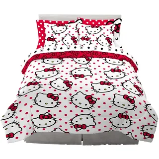 Franco Sanrio Hello Kitty Bettwäsche-Set mit Punkten, 7-teilig, superweiches Bettdecken- und Bettlaken-Set mit Kissenbezug, Queen-Size-Bett (100% offizielles Lizenzprodukt) Sammlerstücke