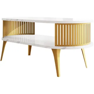 Mirjan24 Couchsitch Roenni Oval Gold , Weiß, Goldfarben , Metall , Oval,Oval , 50x44x100 cm , Wohnzimmer, Wohnzimmertische, Couchtische