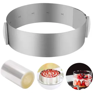 ZITFRI Tortenring Ø16-30cm Backrahmen Rund Tortenring Verstellbar Kuchenring Edelstahl 8,5cm Hoch Tortenring mit klemmhebel, perfekt für Schichttorten, mit 1 Rollen Tortenrandfolie