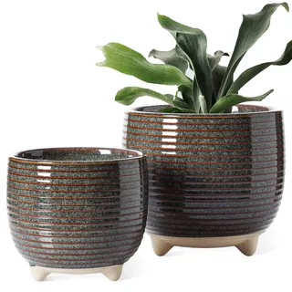 LE TAUCI Blumentopf Keramik mit Füßen, 12+16 cm Durchmesser Klein Übertöpfe Set, 2 er Pack Blumentopf für Zimmerpflanzen mit Abflussloch, Reaktive Glasur Schwarz