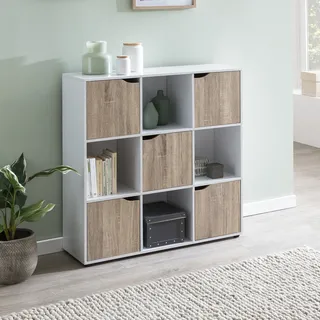 FineBuy Standregal MASSA 89 x 91 x 29 cm Bücherregal mit 9 Fächern Sonoma Sideboard mit 5 Türen Modernes Würfelregal Raumteiler Flurschrank offen - Weiß