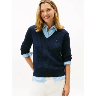 V-Ausschnitt-Pullover TOMMY HILFIGER "CO CABLE V-NK LS SWT", Damen, Gr. S (36), blau (schwarz night navy), Strick, Obermaterial: 100% Baumwolle, unifarben, normal kurz, V-Ausschnitt, Rippstrickbündchen, Pullover V-Ausschnitt-Pullover, mit Zopfmuster, Logostickerei