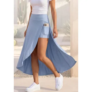 Maxirock LASCANA "mit integrierter Shorts und kleiner Tasche", Damen, Gr. 38, blau (rauchblau), Jersey, Obermaterial: 95% Viskose, 5% Elasthan, unifarben, figurumspielend knöchellang, Röcke Maxirock, langer Strandrock, luftiger Sommerrock mit Shorts, Jerseyrock, Topseller