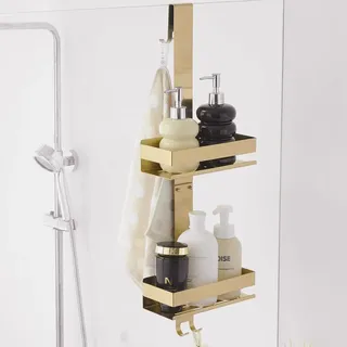 Beelee Goldener Dusch-Caddy zum Aufhängen, über der Tür, Dusch-Organizer, Badezimmer-Aufbewahrung mit 2-stöckigem Regal und Haken, hält Duschgel, Shampoo, Seife, Rasierer, Handtuch